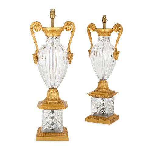 Pair of Louis XVI style ormolu and glass vase-form lamps