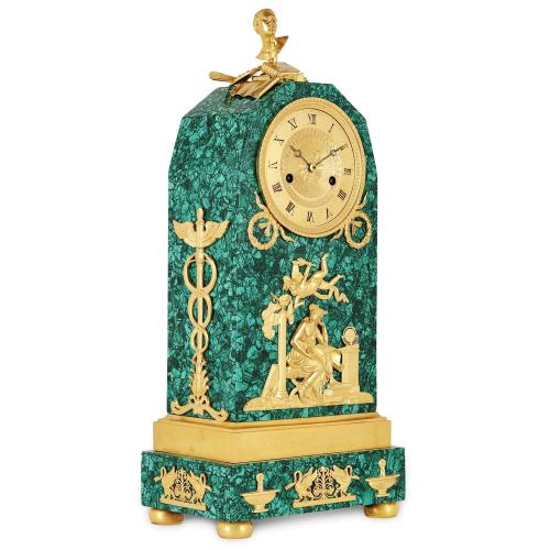 French Empire period ormolu and malachite mantel clock