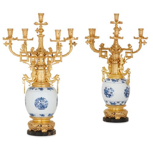 Pair of ormolu mounted porcelain Chinoiserie style candelabra