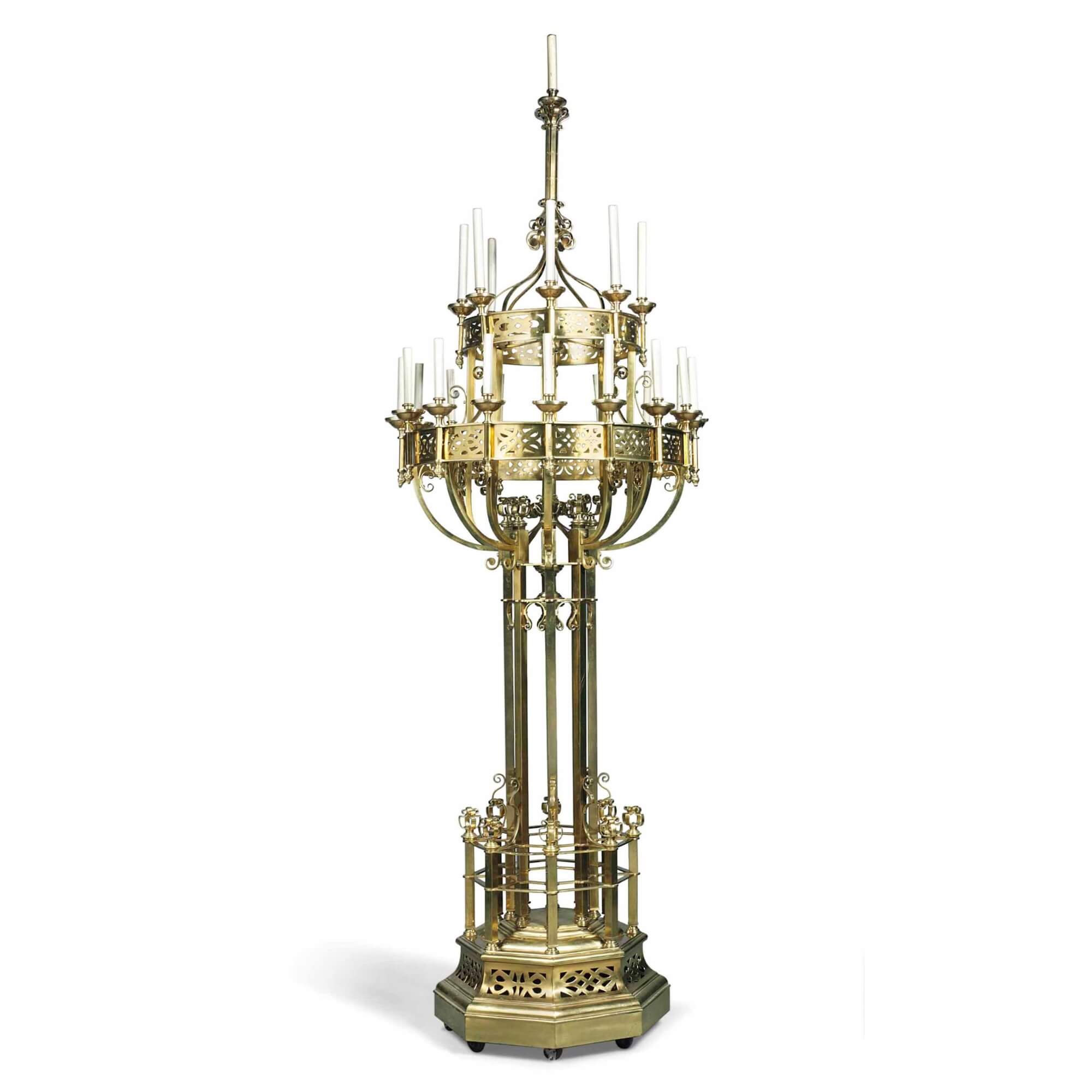 Antique French Gothic style church brass candelabra.