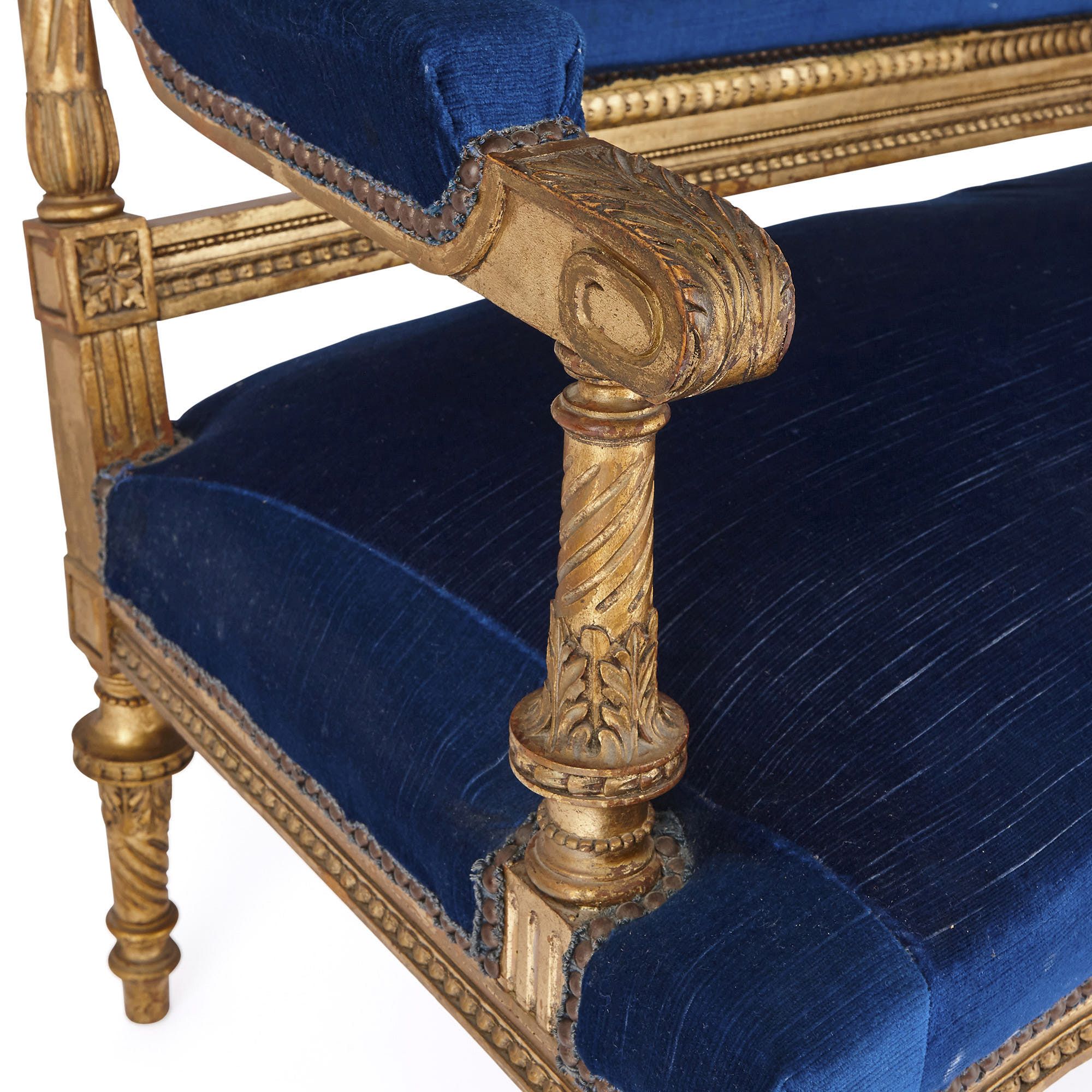 Louis XVI style blue upholstered giltwood furniture suite