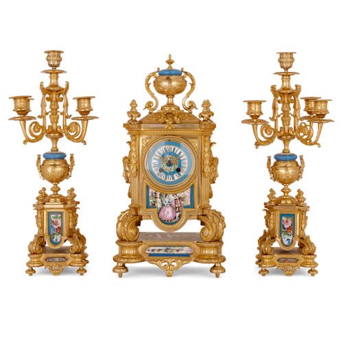 Antique ormolu mounted Sèvres style porcelain clock set