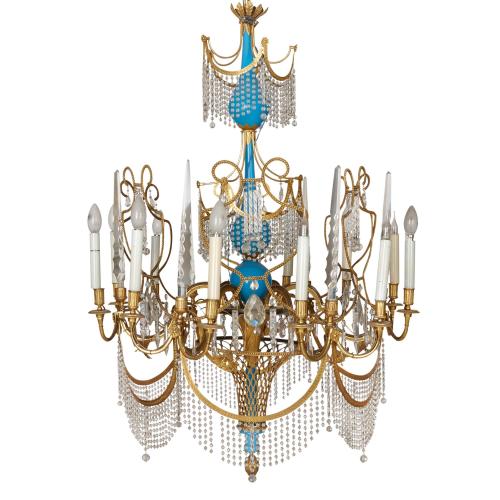 Russian gilt bronze, cut glass and blue porcelain chandelier