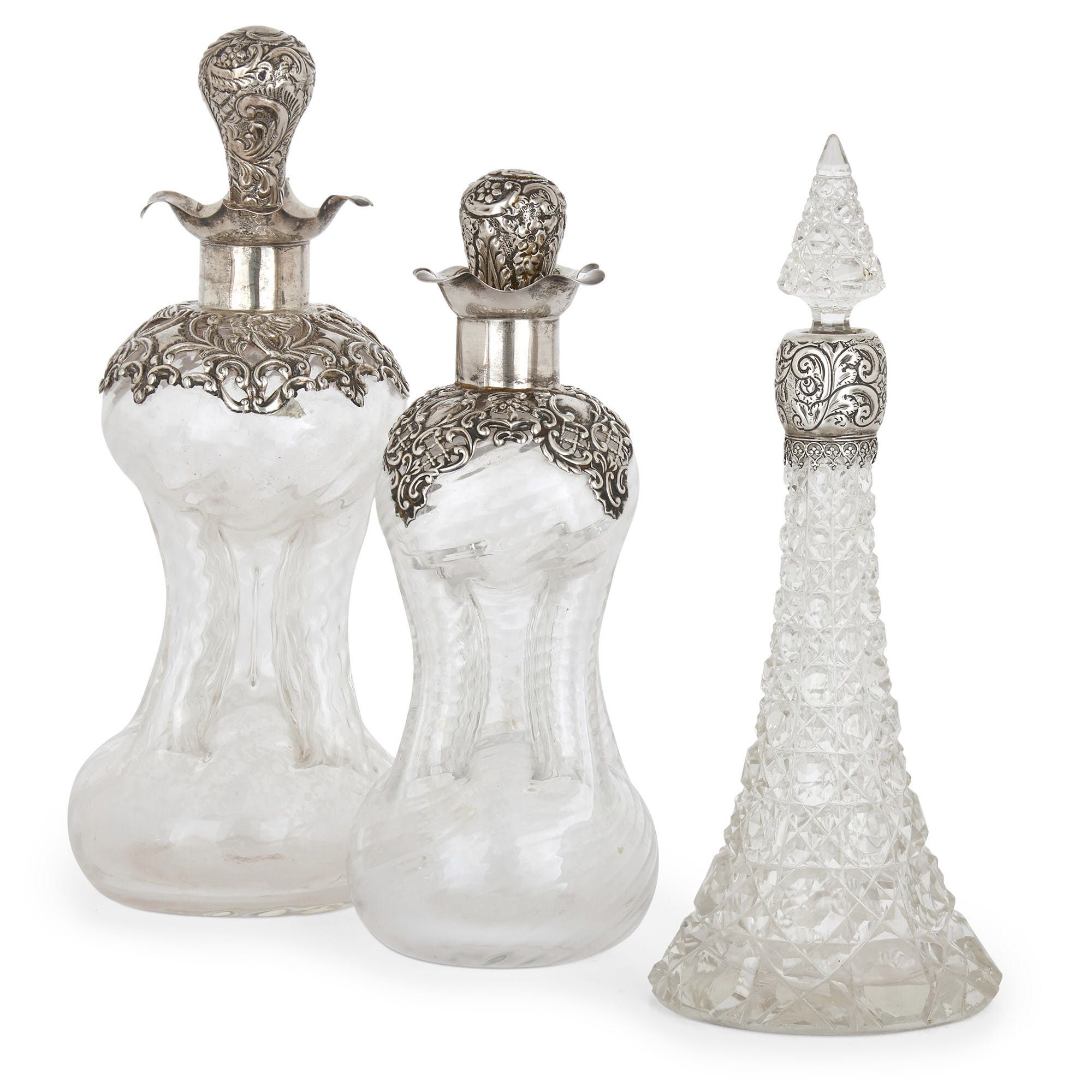 Set of three silver mounted glass perfume bottles | Mayfair Gallery