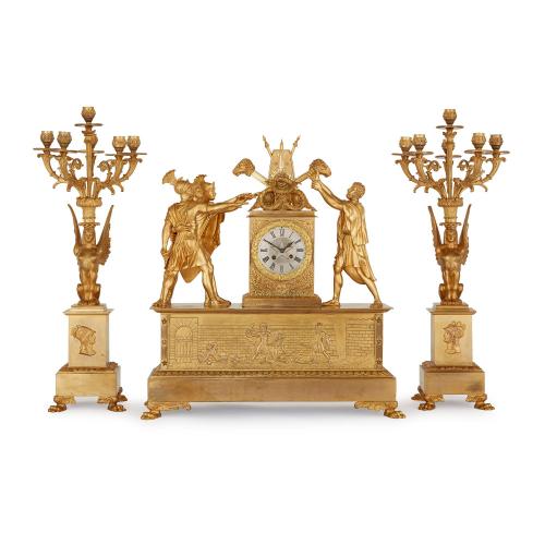 Empire style ormolu clock set depicting the Oath of the Horatii