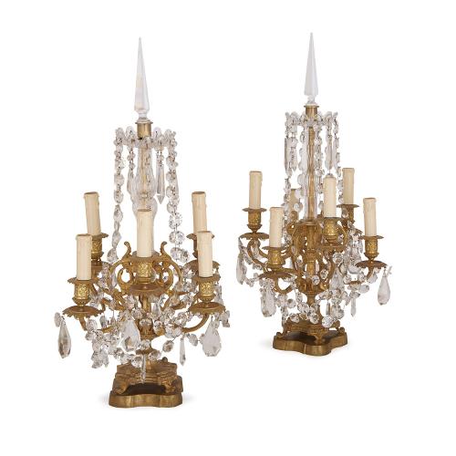 Pair of French antique ormolu and cut glass candelabra