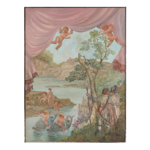 Large Italian oil painting of bathing nymphs by Fabbretto