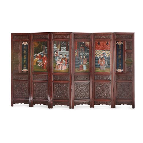 Chinese carved wooden and painted glass six-panel screen 
