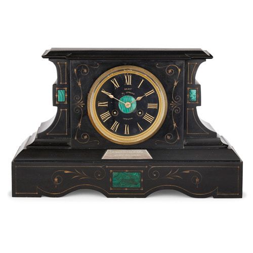 French black marble and malachite mantel clock