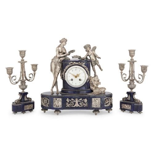 Silvered bronze and lapis lazuli antique French clock set