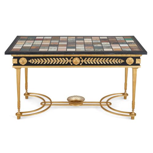 Patinated and gilt bronze coffee table with marble specimen top
