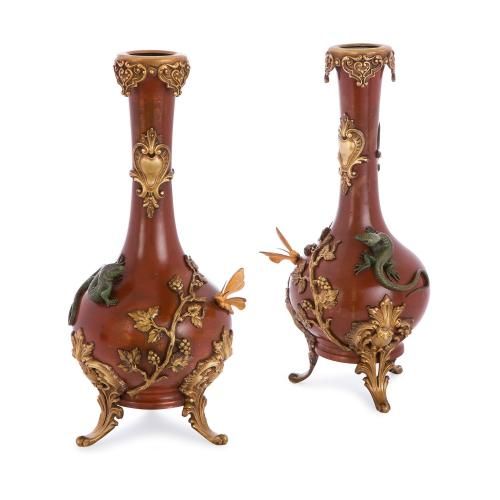Pair of lacquered and gilt bronze antique Japonisme vases