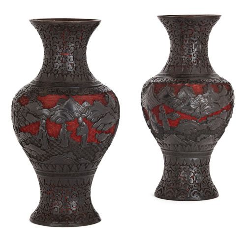 Pair of Qing dynasty two-tone red and black lacquer vases
