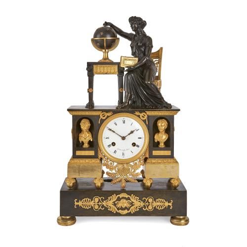 French gilt and patinated bronze antique Empire mantel clock