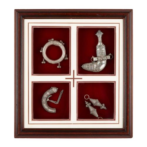 Omani sterling silver and silver filigree framed presentation set