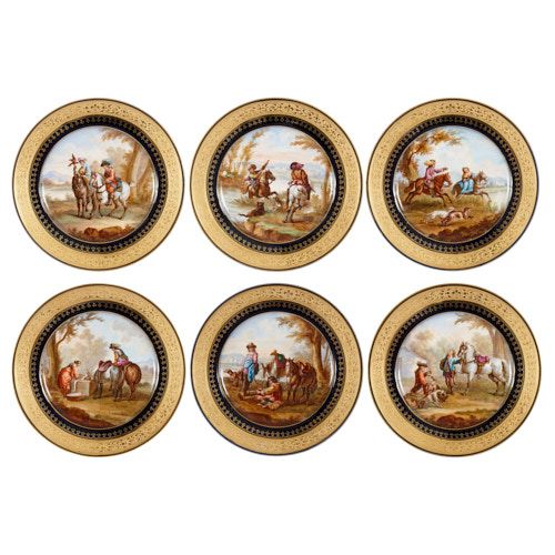 Set of six parcel gilt Sèvres style porcelain plates