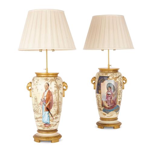 Pair of antique French Japonisme glazed ceramic and ormolu lamps 