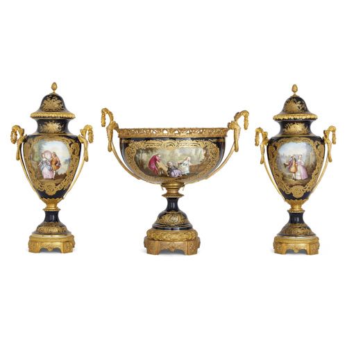 Three-piece ormolu and Sèvres porcelain antique garniture