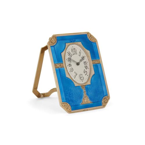 Silver-gilt and guilloché enamel antique Russian table clock