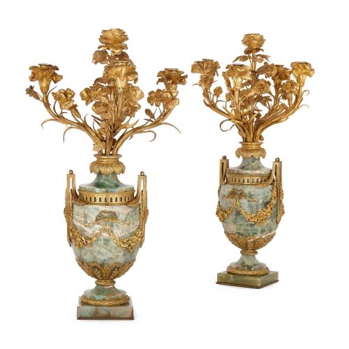 Pair of Louis XVI style ormolu mounted Fluorspar candelabra