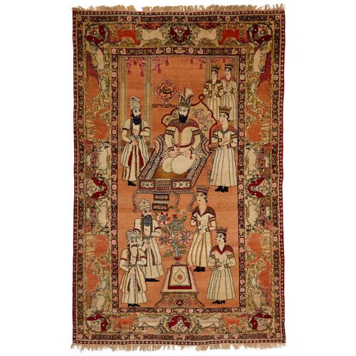 Rare Persian Judaica pictorial Kirman carpet