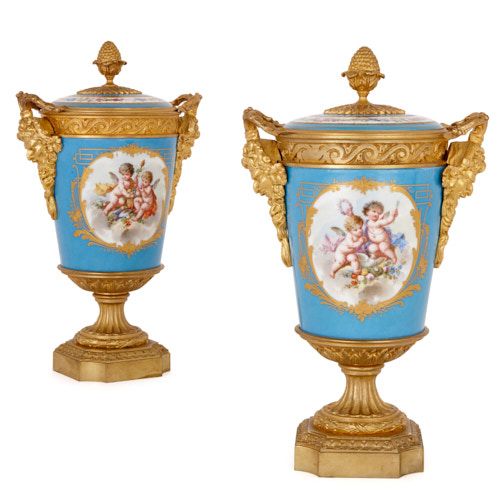 Pair of Sèvres style porcelain vases with gilt bronze mounts
