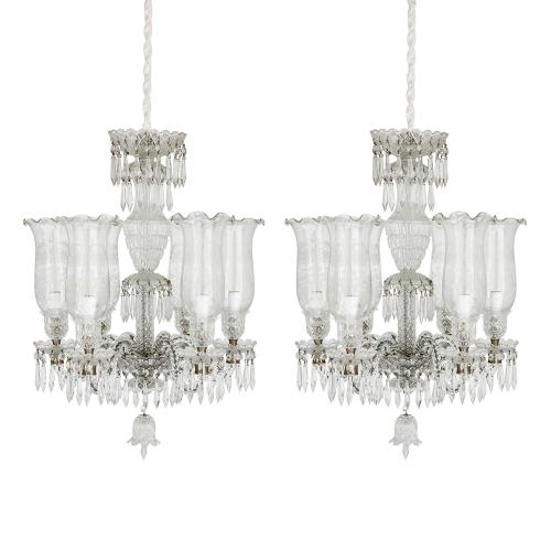 Pair of Belle Époque style clear cut glass chandeliers