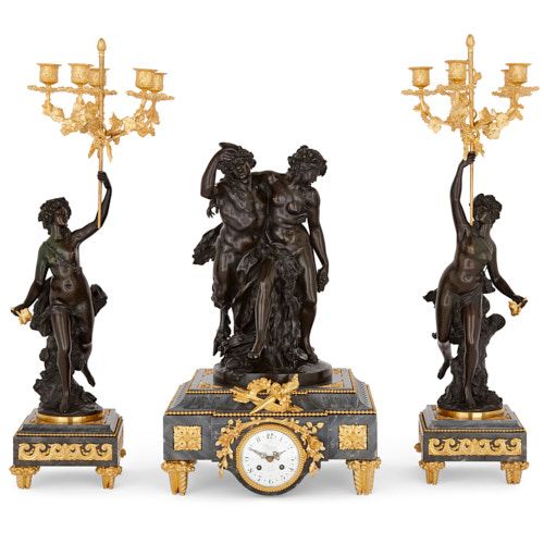 Gilt and patinated bronze marble clock set by Denière