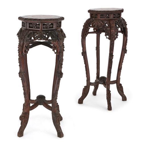 A pair of Chinese antique Hongmu wood and marble pedestals