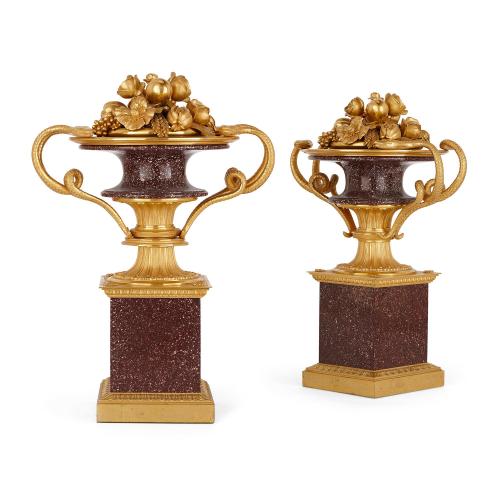 Pair of ormolu and porphyry French antique cassolettes