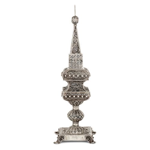 Continental filigreed silver Judaica spice tower