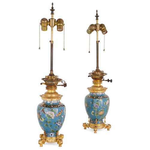 Pair of ormolu mounted Chinese cloisonné enamel lamps
