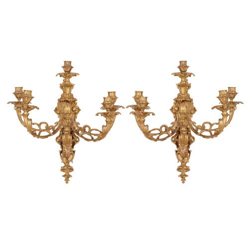 Pair of antique Louis XV style ormolu six-branch wall lights