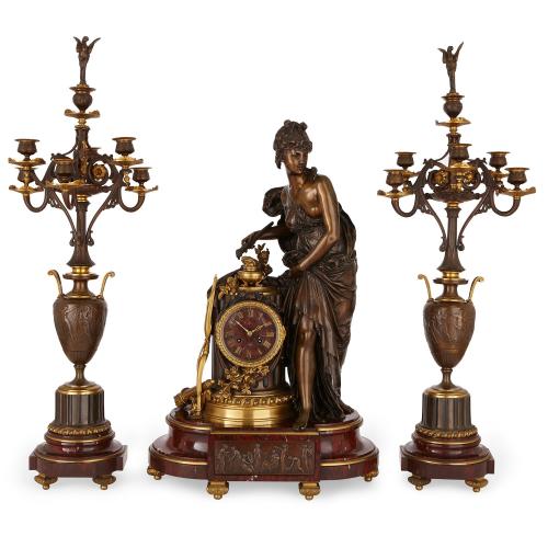 French antique three piece marble and bronze clock set