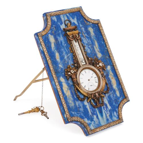 Faberge style lapis lazuli and gilt table clock and barometer