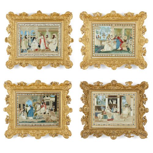 Set of four silkwork pictures depicting the story of Esther