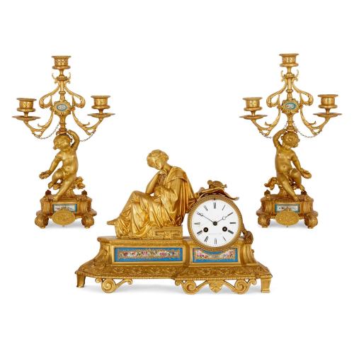 Sèvres style porcelain and ormolu three-piece clock set by Picard