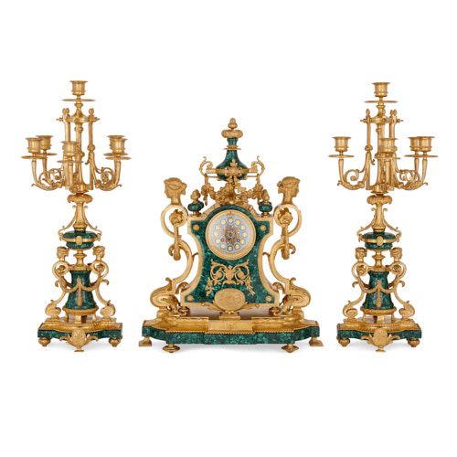 Antique ormolu mounted malachite three-piece clock set