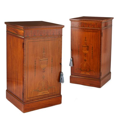 Pair of satinwood and rosewood marquetry pedestal cabinets