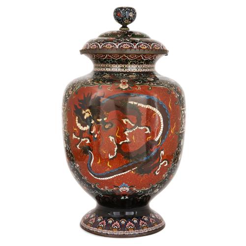 Large Japanese Meiji period cloisonne enamel lidded vase