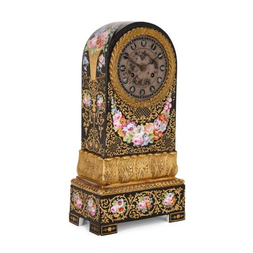 Antique porcelain mantel clock with flowers by Jacob Petit