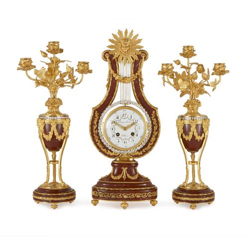 Neoclassical style jewelled ormolu and marble clock set