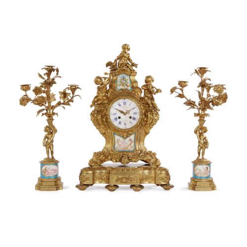 Sèvres style porcelain mounted ormolu clock set by Picard