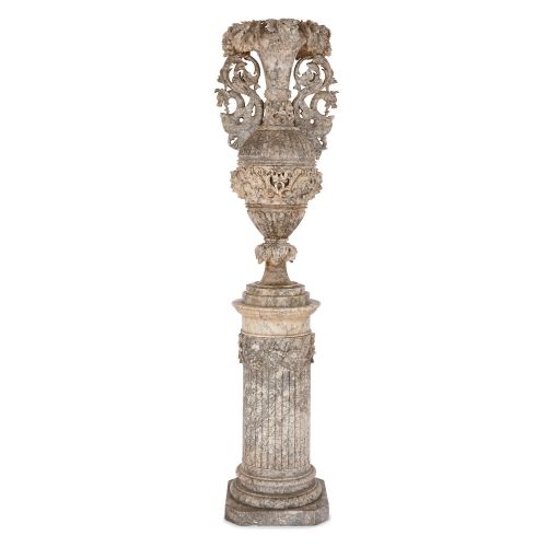 Large Italian carved alabaster vase on pedestal