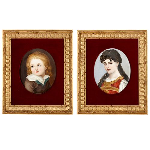 Pair of 19th Century KPM portrait plaques of boy and girl