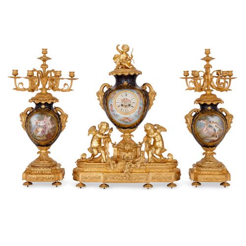 Large ormolu mounted Sèvres style porcelain clock set