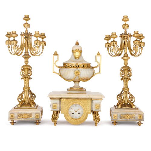 Ormolu and white onyx clock set, attributed to Barbedienne