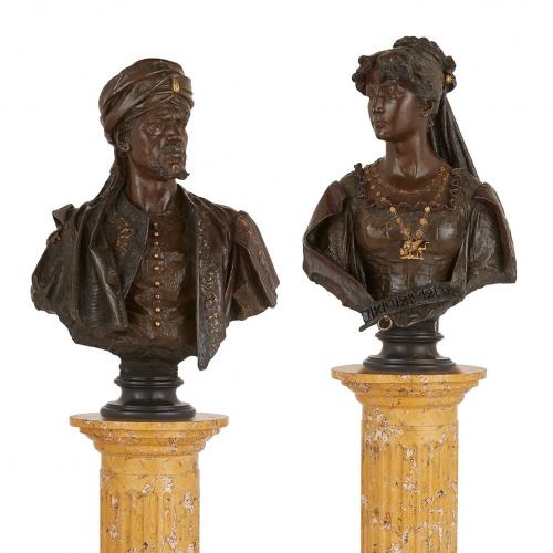 Pair of bronze busts of Othello and Desdemona by Garella