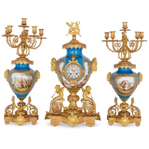 Antique Sèvres style porcelain and ormolu clock set