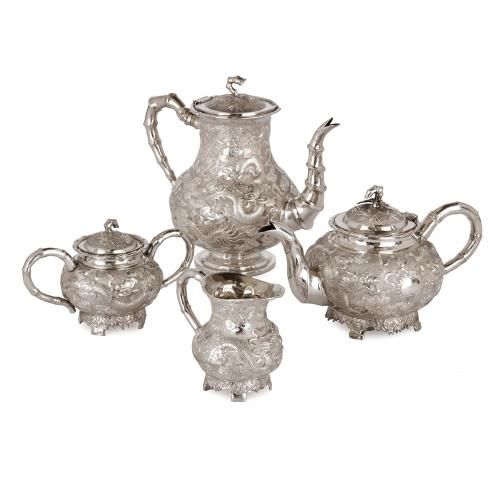 Chinese Qing dynasty silver tea and coffee set by Kwan Wo